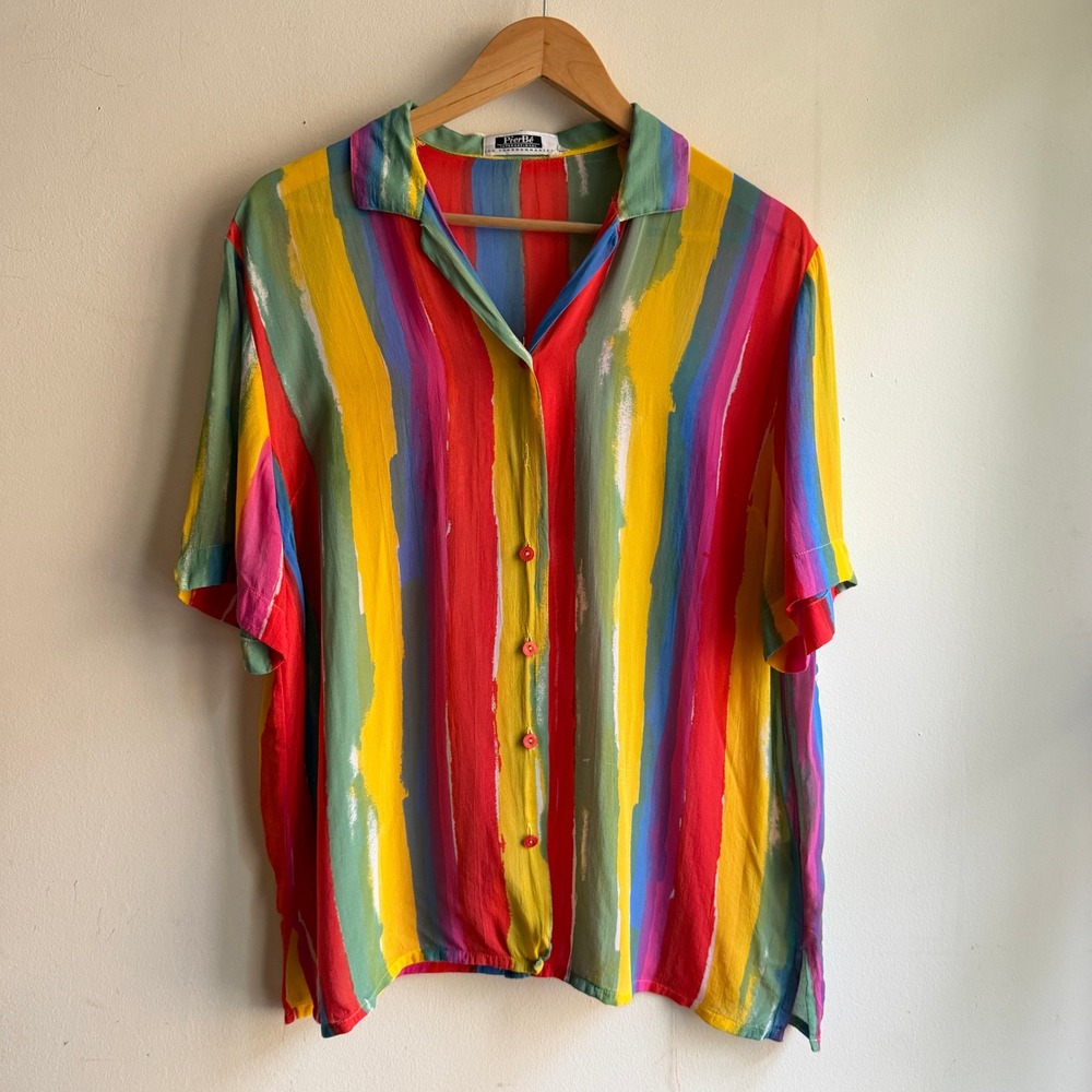 Vintage PierBe International Painterly Stripe Button Up Shirt Dopamine Rainbow